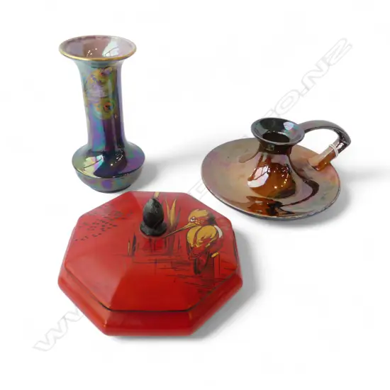 SHELLEY CHINA VASE H130MM LIDDED BOWL DIA 120MM & CHAMBERSTICK DIA130MM