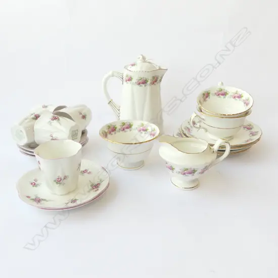 4 SHELLEY CHINA COFFEE CANS 2CSPS MATCHING HOTWATER JUG C/SUGAR PINK ROSE PAT