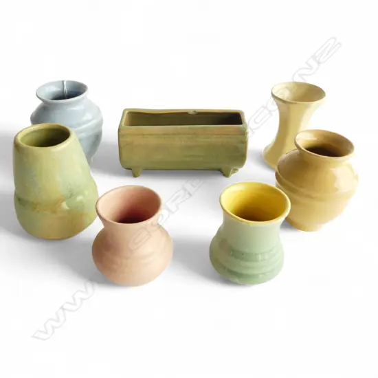 6 AMBRICO EARLY CROWN LYNN VASES + TROUGH VASE all with a fault, largest H.90mm