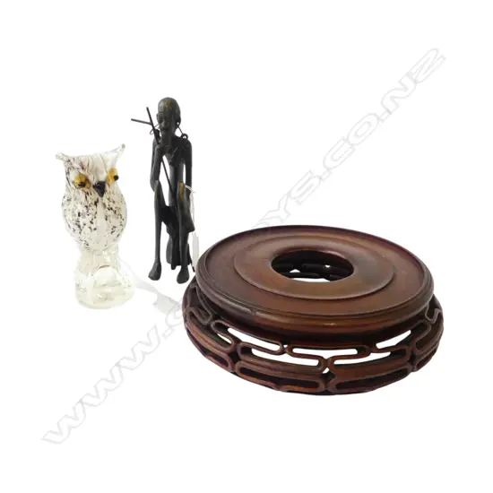 TRIBAL BRONZE FIGURE, ART GLASS OWL & ORIENTAL STAND 