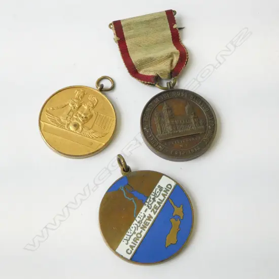 3 N.Z. MEDALS; WW2 CAIRO-N.Z. BRONZE & ENAMEL MEDAL TO J.C. SINCLAIR, EGYPT-N.Z. ROWING MEDAL & CHRISTCHURCH SACRAMENTAL