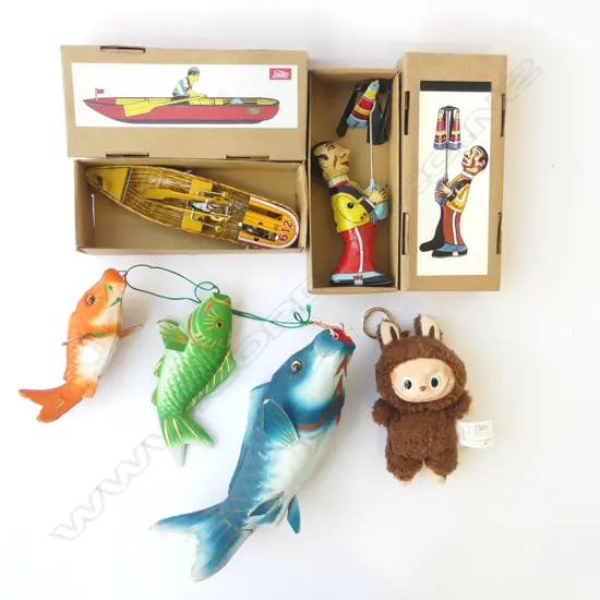 TWO WINDUP TOYS; ROWING BOAT & MAN w TWIRLER, POPMART MONSTER DOLL & HANDPAINTED JAPANESE HANGING FISH