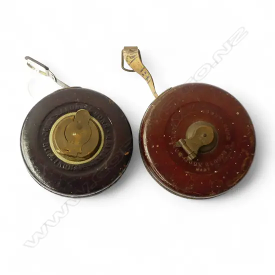TWO RABONE LEATHER & BRASS 50FT MEASURING TAPES ONE STEEL & ONE LINEN, D.95MM-105MM