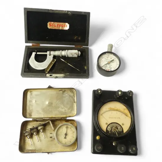 4 ITEMS – PRESSURE TESTER, STARRETT MICROMETER, ONEMETER, & FIRE GUAGE