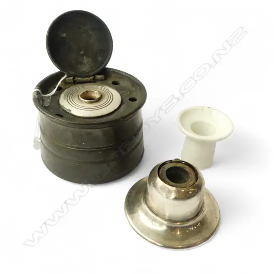 3 ANTIQUE INKWELLS PEWTER, DECO SILVER PLATE, & PORCELAIN, D.50-98MM 