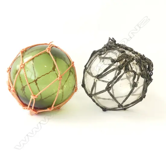 2 GLASS FISHING FLOATS w. NETTING 150mm dia