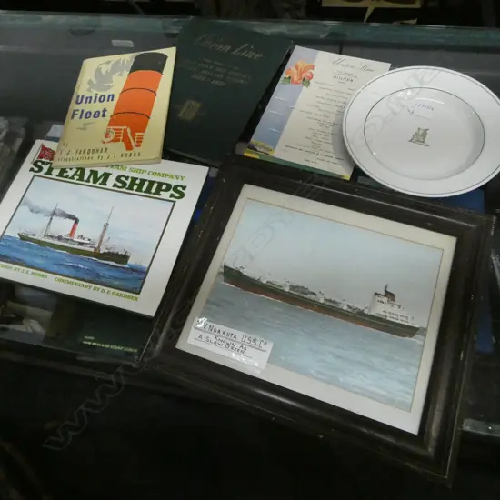 6 PCES NAUTICAL INTEREST; U.S.S.Co. PLATE, 3 BOOKS, MENU, FRAMED HAND COLOURED PHOTO 'NGAKUTA' 190x250mm