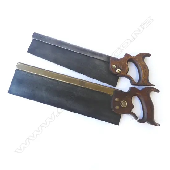 2 VINTAGE BRASS BACKED TENON SAWS; F. BRYANT + HENRY DISTON & SONS