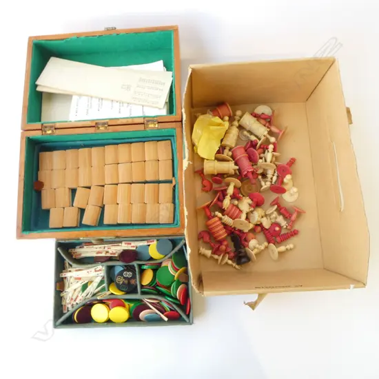 ASST. BONE CHESS PIECES + VINTAGE BOX OF ORIENTAL GAME TOKENS