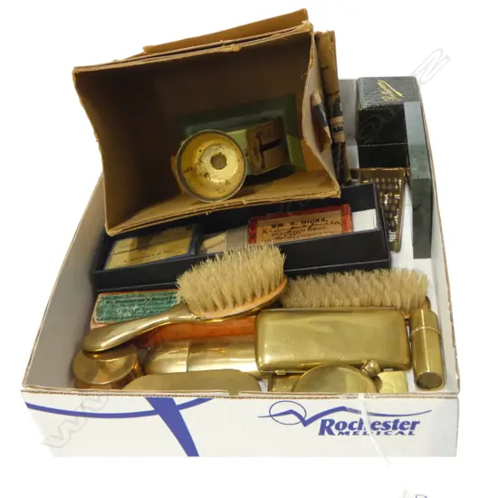 COLLECTABLES; Ivory pencil w refills, sovereign weigh & gauge, mini cards, mini brass vanity items, scale & abacus