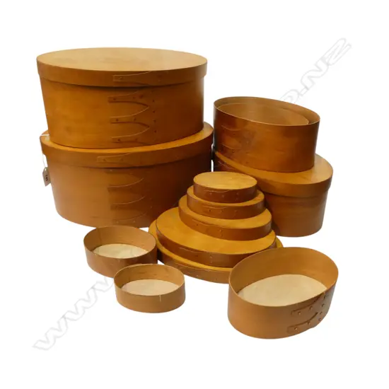 8 GRADUATING 'PILGRIM CRAFTS' SHAKER STYLE OVAL BENTWOOD BOXES W.305 - 95mm
