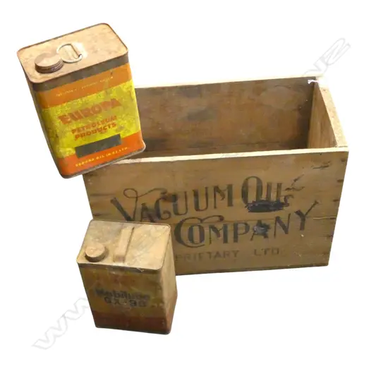 EARLY PLUME MOTOR SPIRIT OIL CRATE + 2 OLD OIL TINS 'EUROPA' & 'MOBIL' 