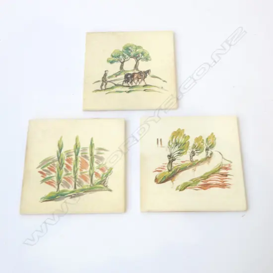 THREE c1940s ENGLISH ARTIST PAINTED TILES two initial 'OR' 155x155mm
