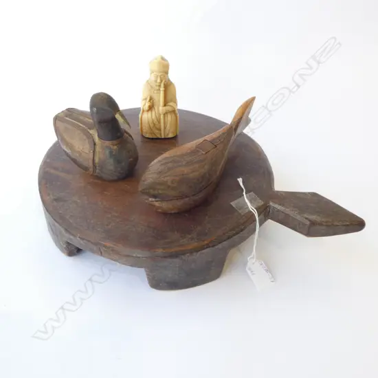 2 WOODEN ORNAMENTS + WOOD TURTLE & RESIN FIGURE 