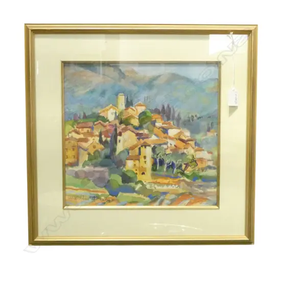VIVIAN MANTHEL-FRENCH, MEDITERRANEAN HILLSIDE TOWN, WC & PASTEL 285x305mm