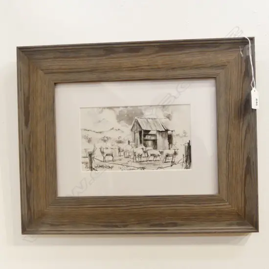 PAUL WHITEHEAD (AUSTRALIAN), SHEEP, PEN & INK DRAWING 115x195mm