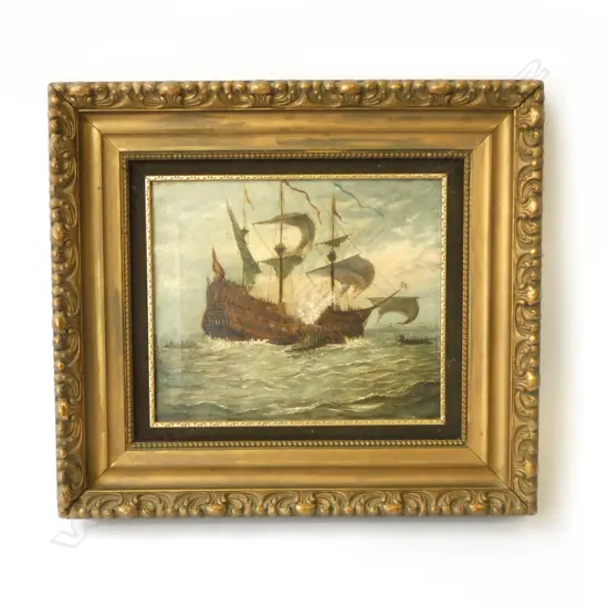 19thC OIL PAINTING OF A SHIP 250x290mm