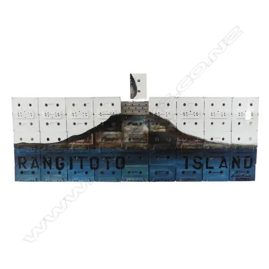 SIGNED ARTWORK 'RANGITOTO ISLAND' ACRYLIC ON CASSETTES, 2013, 320x920mm
