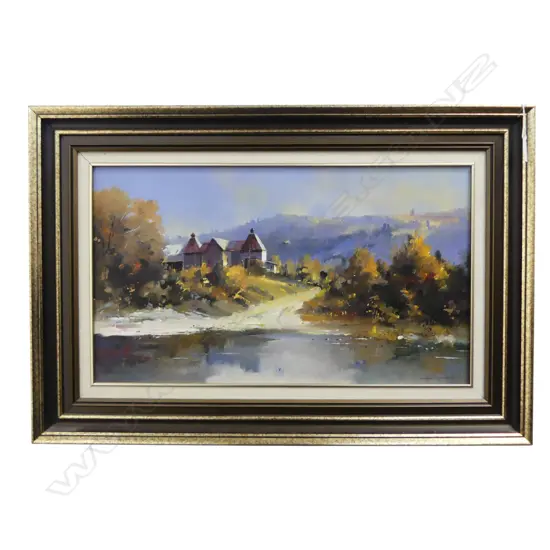 ALLAN CROMBIE 'KILN OVER THE STREAM... WAKEFIELD AREA, NELSON' OIL ON BOARD 1987 340x585mm