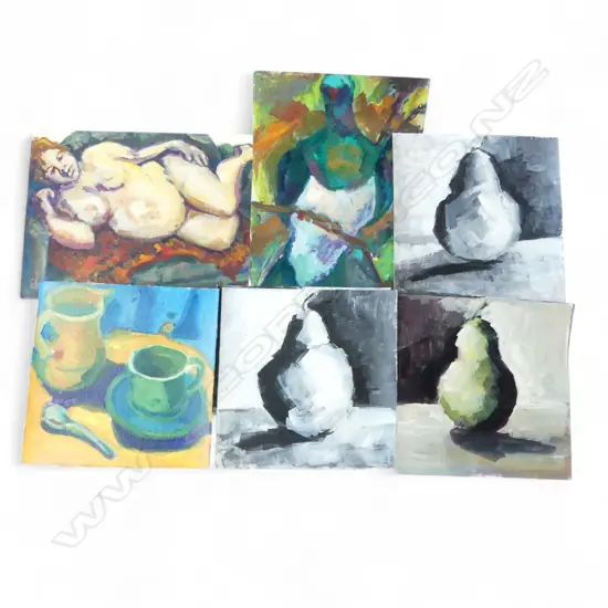 8 GLENYS CULLIMORE ACRYLIC ON CARD PAINTINGS NUDE, PEARS, STILL LIFE ETC UNSIGNED, L.280MM-370MM