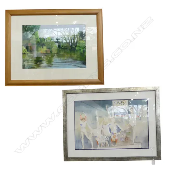 2 ARTWORKS; G.COSTAIN, BRIDGE OVER RIVER, PASTEL 300x440mm, OLYMPIC GYMNAST WC 350x530mm