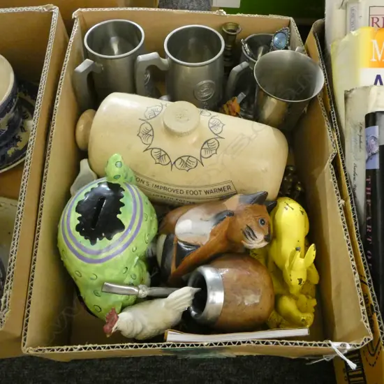 BOX LOT DOULTON STONEWARE HOT WATER BOTTLE PEWTER MUGS DOORSTOP ETC (From the Estate of Tommy Doyle)