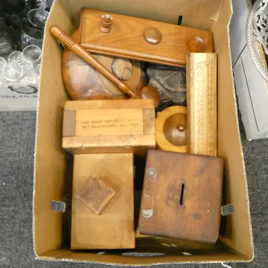 ASST. WOOD BOXES, SPICE BOX, DONATION BOX, GAVEL, etc