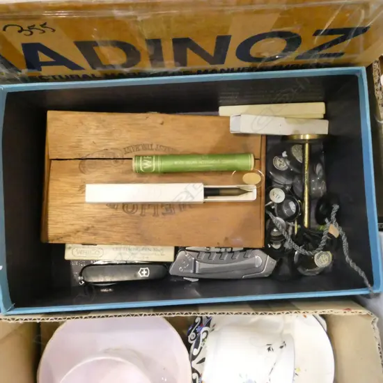 2 POCKET KNIVES, 5 LETTERING PENS, ASST. CHESS PIECES & ASST. LENSES etc