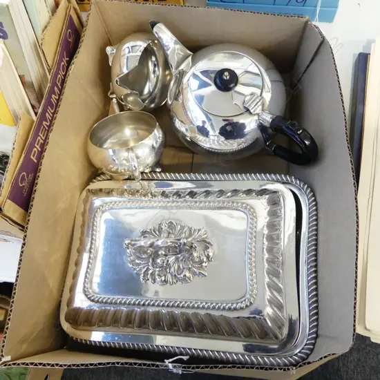 VINTAGE SILVER PLATE LIDDED DISH, TEAPOT & M/S