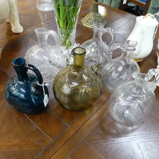 6 VICTORIAN CRYSTAL JUGS; 3 FERN ETCHED, 2 GREEN H.180mm