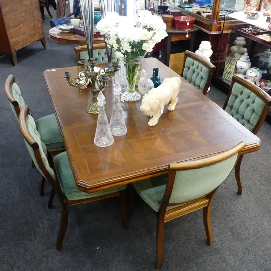 PEDESTAL DINING TABLE w. PARQUET TOP, 1 LEAF & 6 CHAIRS 1700x1170mm