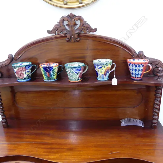 5 PRU GREEN WIVENHOE STUDIO POTTERY MUGS, 2 w. SMALL FAULTS