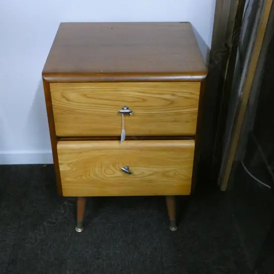 RETRO SOLID WOOD TWO DRAWER BEDSIDE CABINET 450x420x615mm HOLES FILLED TO SIDE