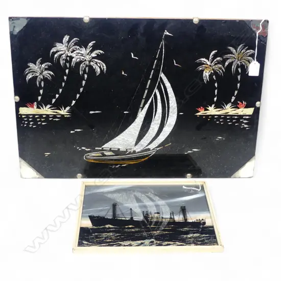 2 MIRRORED BOAR PICS YACHT H400 W600MM & CARGO SHIP H220 W300MM