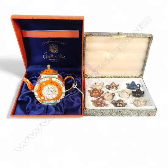 CHINESE ENAMEL TEAPOT IN BOX H90MM & BOXED MINITURE TEAPOT COLLECTION