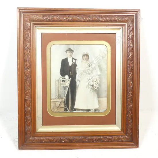 FRAMED EDWARDIAN WEDDING PHOTO HAND COLOURED H300 W240MM