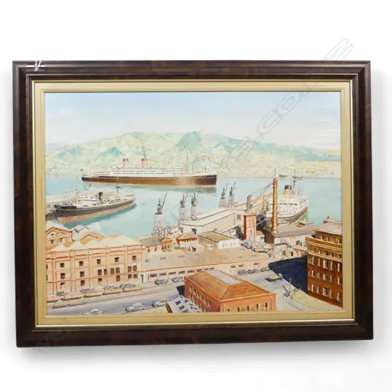 OIL ON BOARD, 'ARRIVAL OF THE DOMINION MONACH, WELLINGTON, 1958' SIGNED R.E. (DICK) BAKER. H.450, W.600mm