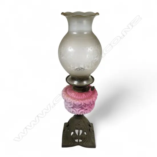 EDWARDIAN IRON & PINK GLASS TABLE KERO LAMP H540MM
