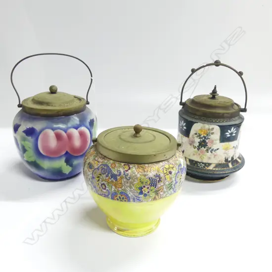 3 EDWARDIAN CHINA BISCUIT BARRELS. H.170mm TALLEST