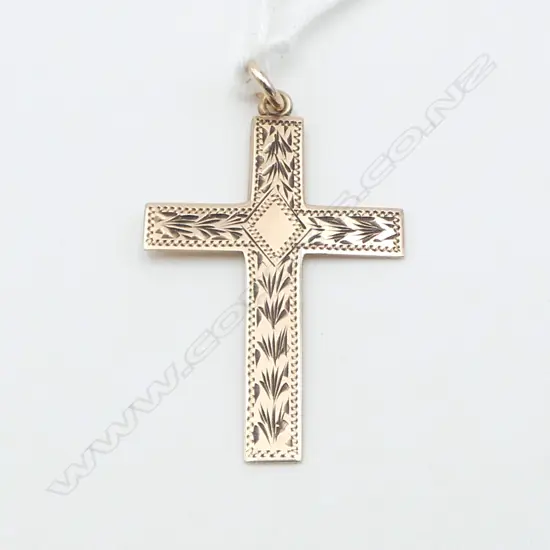 VINTAGE 9ct ROSE GOLD ENGRAVED CROSS PENDANT 1.88gms