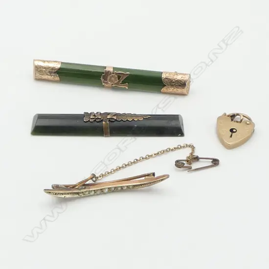 **RTV**  9ct GOLD HEART BRACELET CATCH + 9ct GOLD & PEARL CRESCENT BROOCH. 3.3gms + 2 pounamu & gold pces faulted