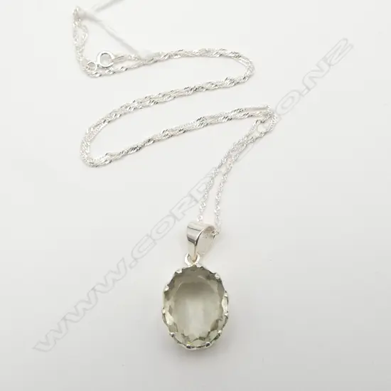 SILVER SET GREEN AMETHYST PENDANT on SILVER CHAIN