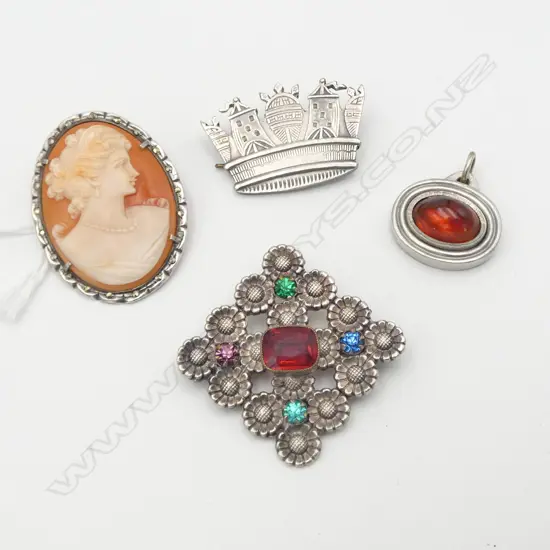 4 SILVER BROOCHES; JORGEN JENSEN STG SILVER PENDANT, 800. SILVER CAMEO etc faults to one