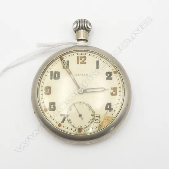 DAMAS MILITARY ISSUE (marked) POCKET WATCH open face. Running. Dial w fault + missing top loop. 'G.S/T.P 52379' & arrow