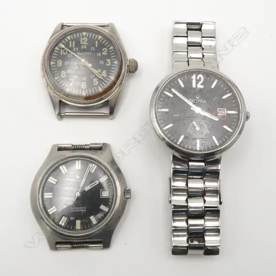 3 vintage BULOVA GENT'S WRISTWATCHES black dials not running 2 w no strap