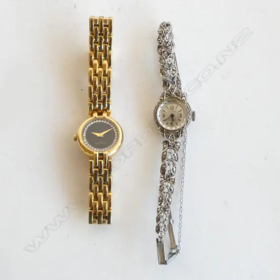 2 VINTAGE LADIES WRISTWATCHES; RAYMOND WEIL 18ct plated 'Geneve' & TITAN MARCASITE