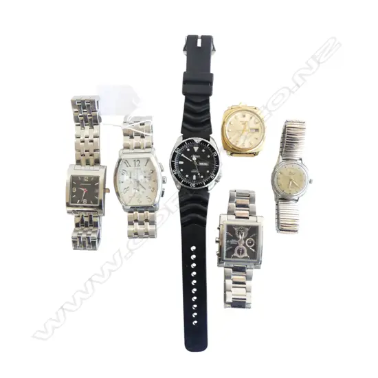 **RTV** 5 ASST. WRISTWATCHES + STRAPLESS DIAL; VINTAGE HAFIS, PULSAR, GUESS, SEIKO, etc