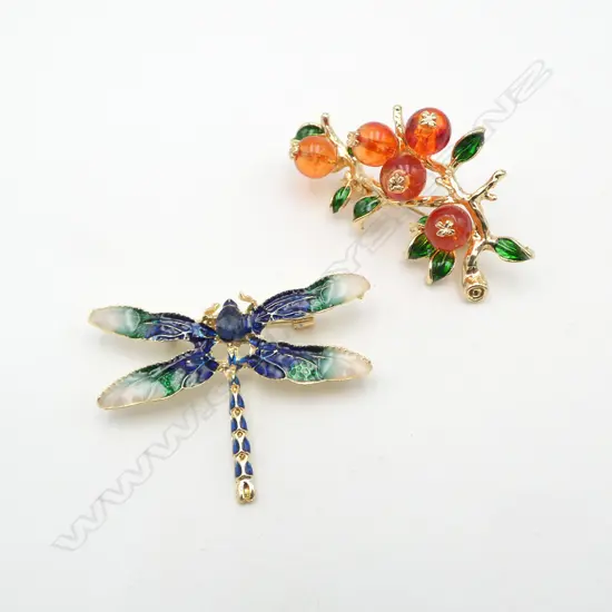 TWO COSTUME BROOCHES; DRAGONFLY & BERRIES