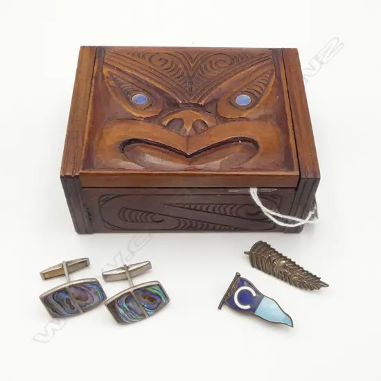 MAORI CARVED HINGED LID BOX + PR SILVER & PAUA CUFF LINKS + 2 other badges