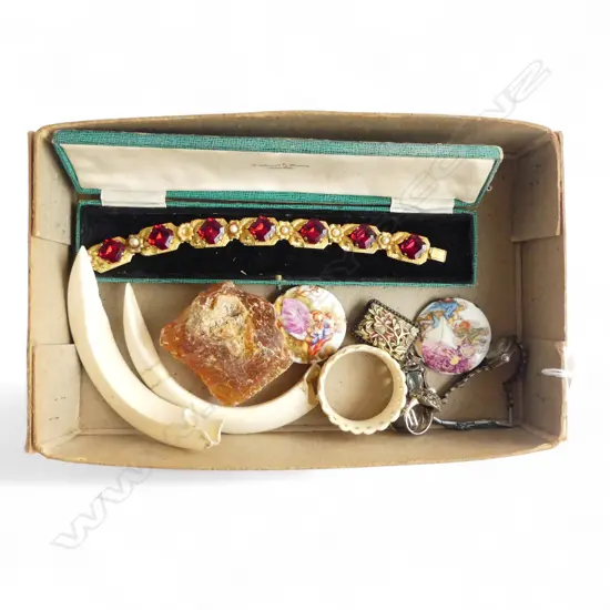 BOX COSTUME JEWELLERY ETC. Boar's tusks + marcasite jewellery + stained ivory carved brooch etc